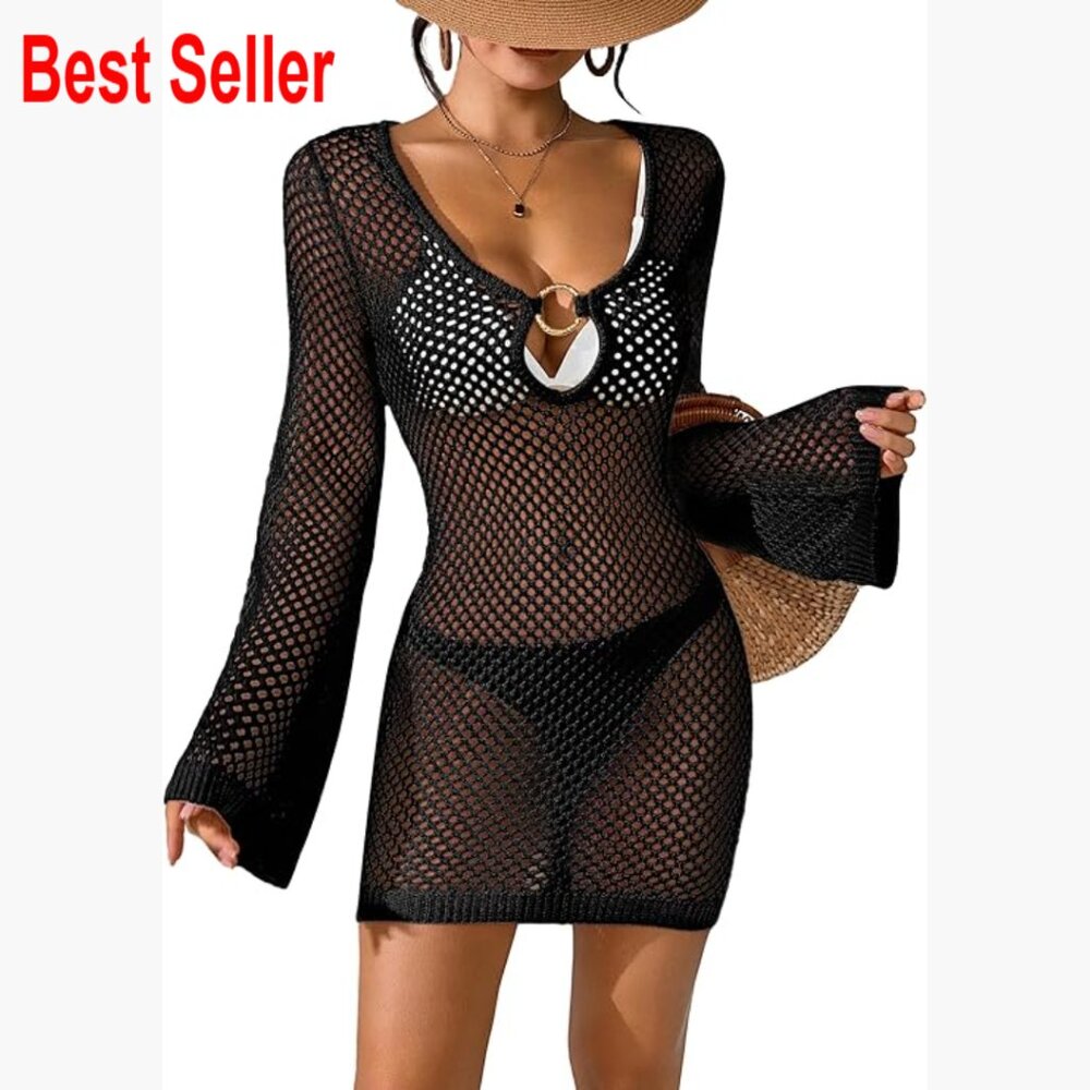 Crochet Mesh Knit Swimsuit Cover Up V Neck Mini Dress